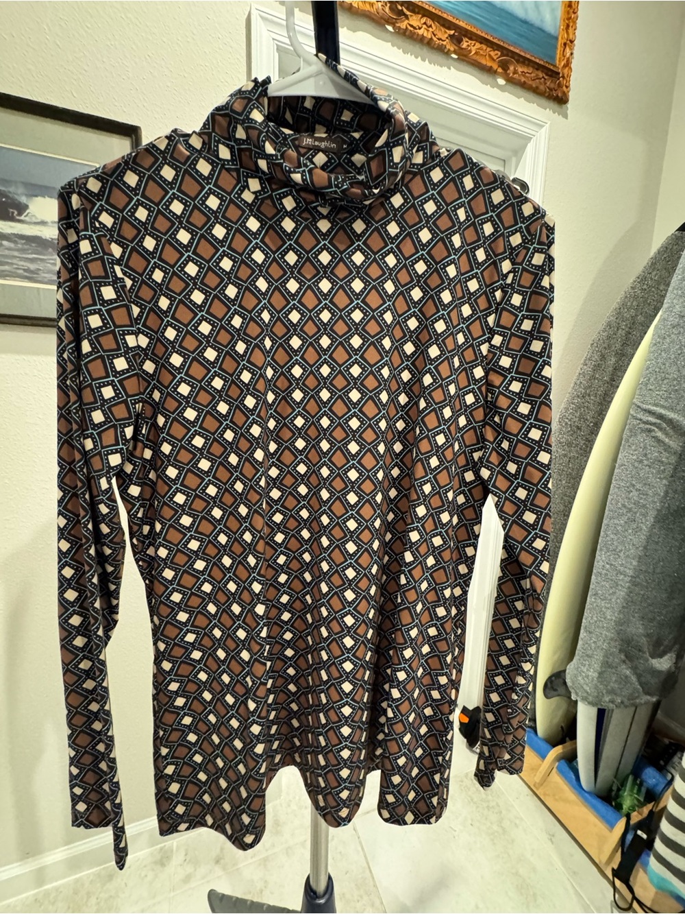 J. McLaughlin Brown and Black Geometric Turtleneck Long-Sleeve Shirt